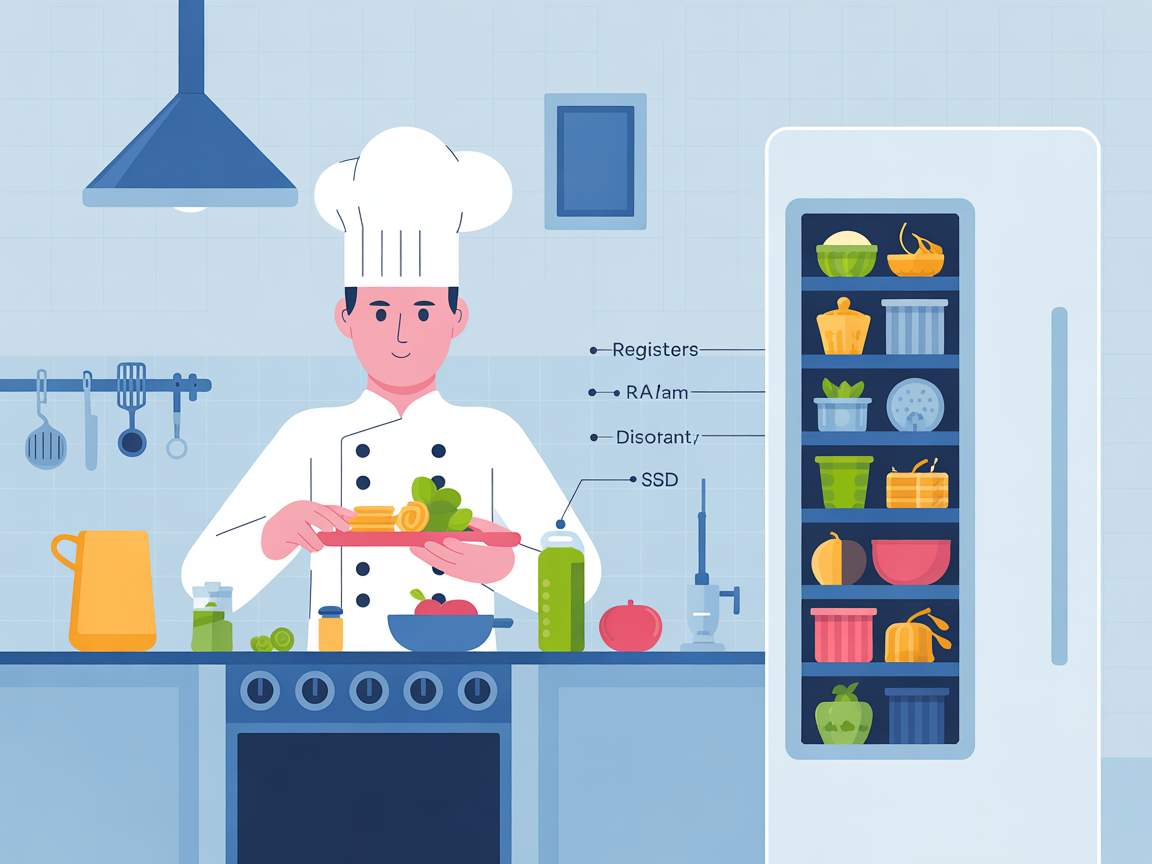 CPU 내부 임시 저장소를 주방에 비유한 인포그래픽
