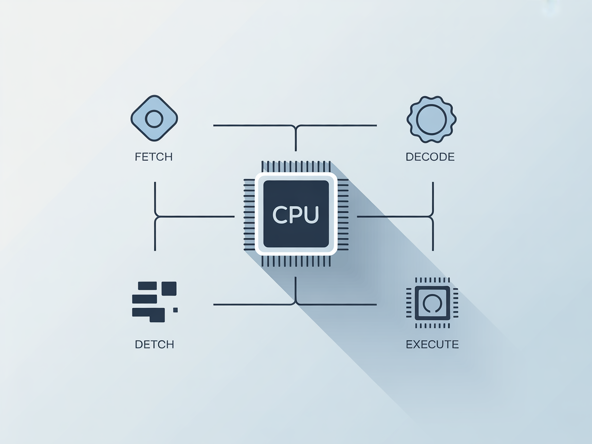 컴퓨터의 뇌 역할을 하는 CPU를 중심으로 인출, 해석, 실행 단계를 보여주는 디지털 인포그래픽