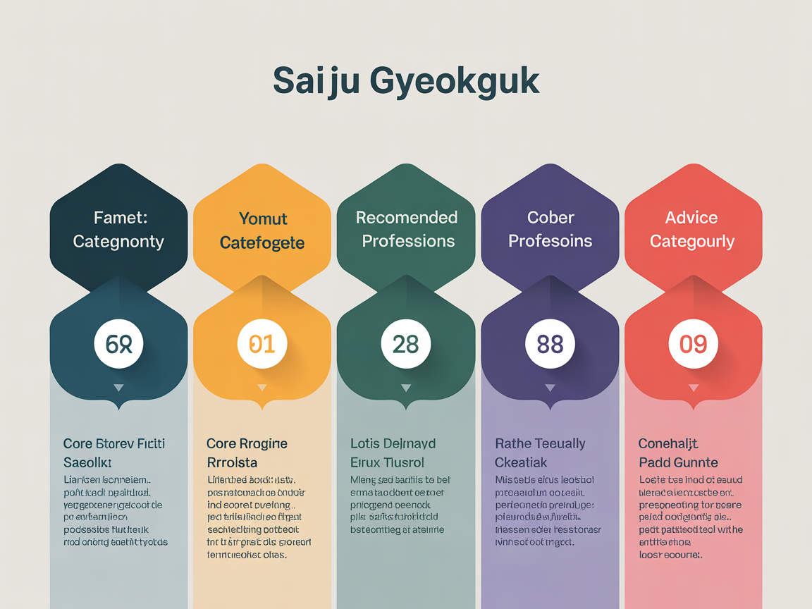 사주 격국의 다섯 가지 주요 계열과 특징을 타임라인 형태의 기하학적 패널로 정리한 전문적 디지털 인포그래픽 이미지