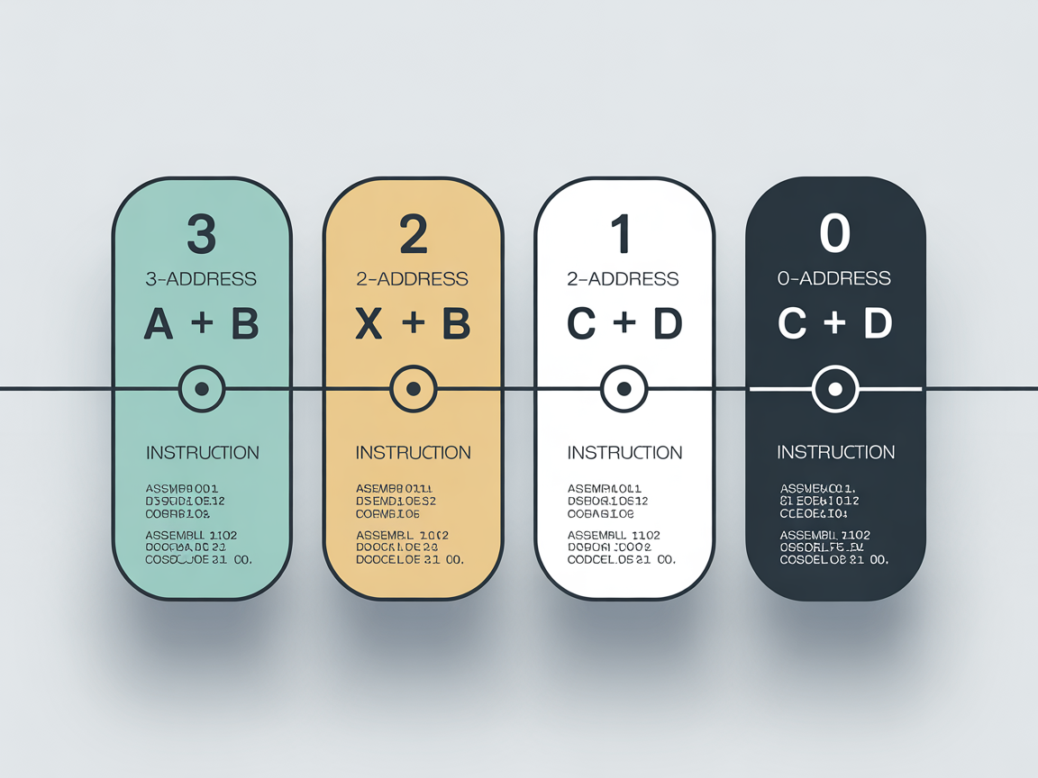 X = (A + B) * (C + D) 계산을 위한 0~3 주소 명령어 예제를 보여주는 타임라인 구조 인포그래픽