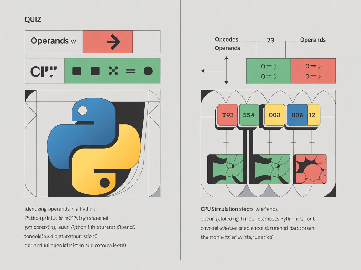 Python 코드에서 Operand 찾기와 가상 CPU 시뮬레이션 실전 퀴즈를 보여주는 깔끔한 인포그래픽