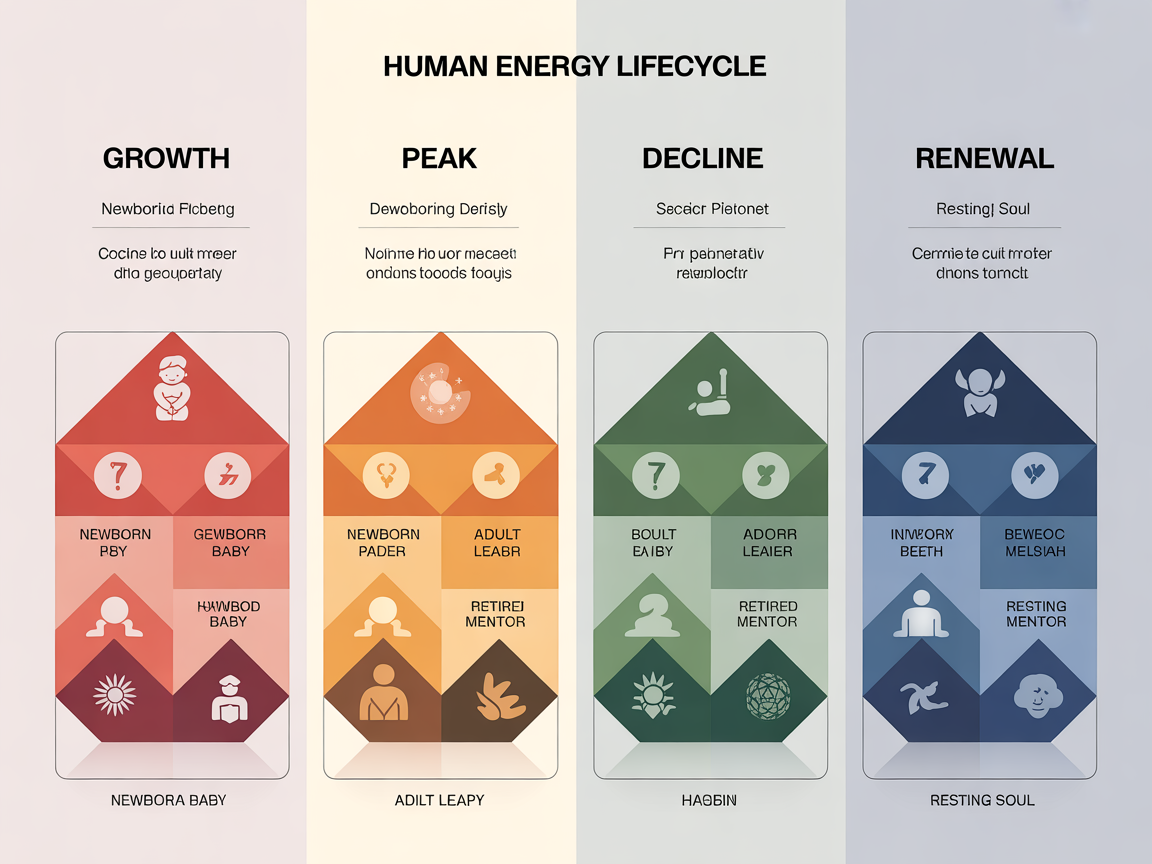 인간 에너지 생애 주기 4단계와 관련된 십이운성 12단계를 표현한 디지털 인포그래픽