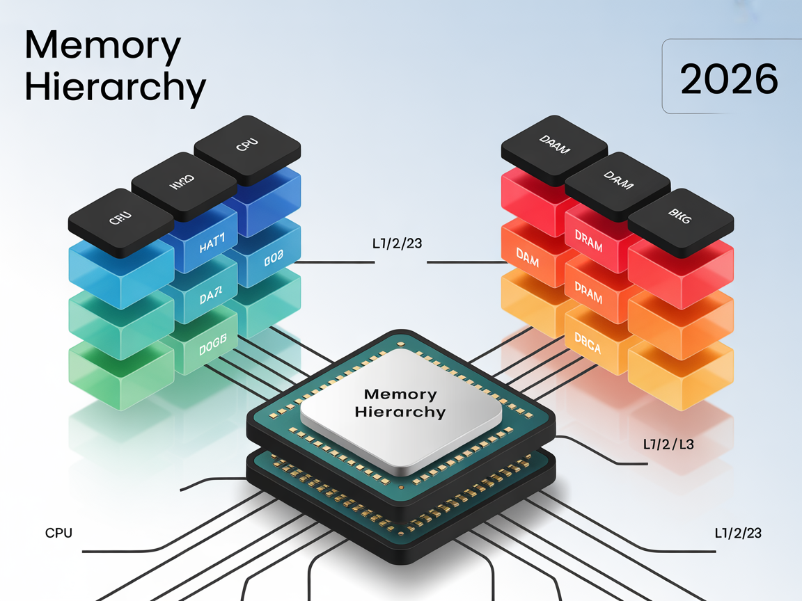 2026년 메모리 계층 구조를 보여주는 현대적 디지털 인포그래픽, CPU 캐시와 DRAM 메모리의 계층적 배열 모습