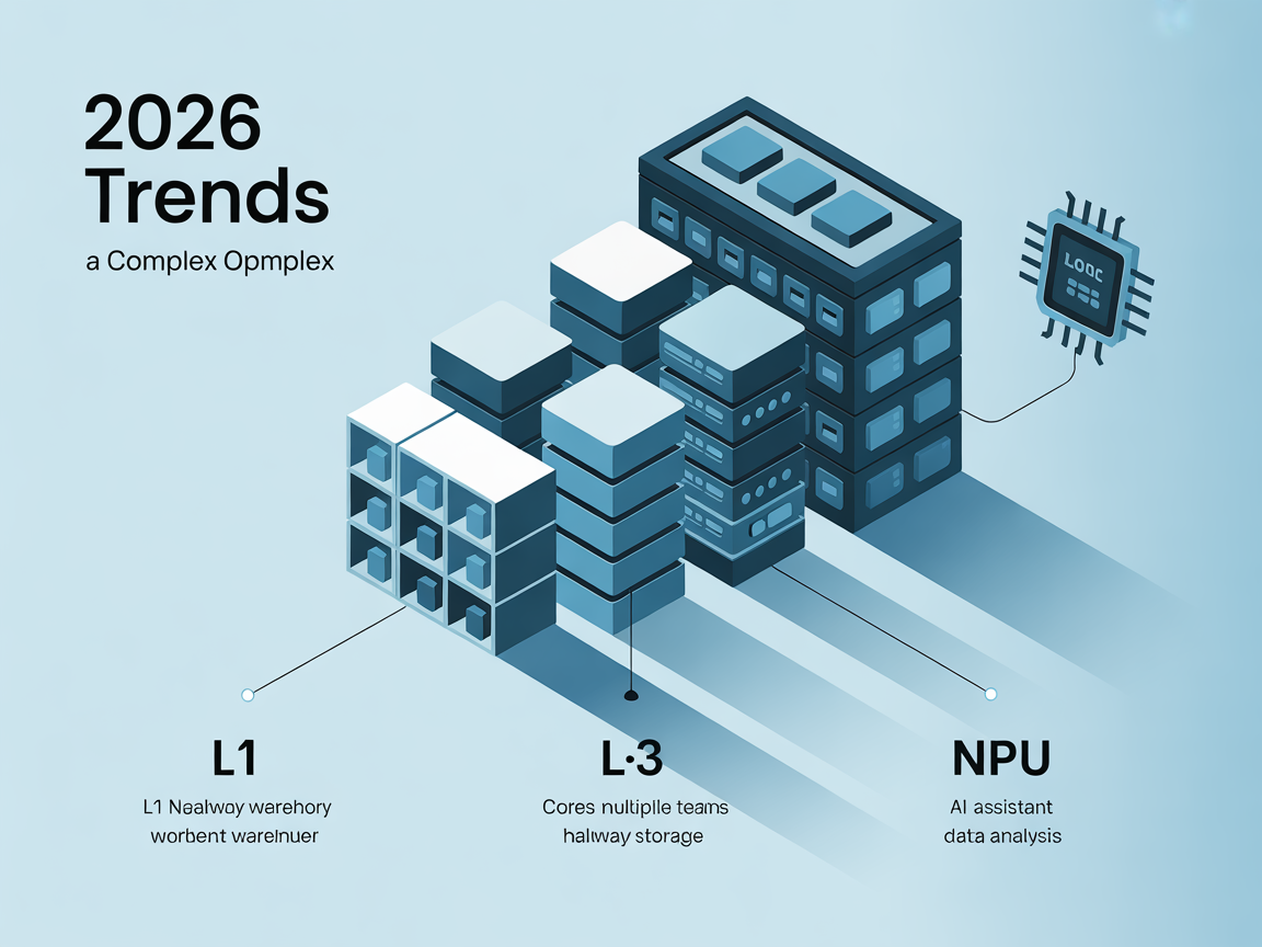 2026년 CPU 최신 트렌드인 캐시 메모리, 코어, NPU를 복합 연산 단지 비유로 표현한 디지털 인포그래픽
