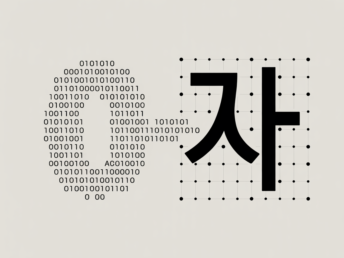 컴퓨터가 0과 1의 이진수를 문자로 변환하는 과정을 나타낸 인포그래픽