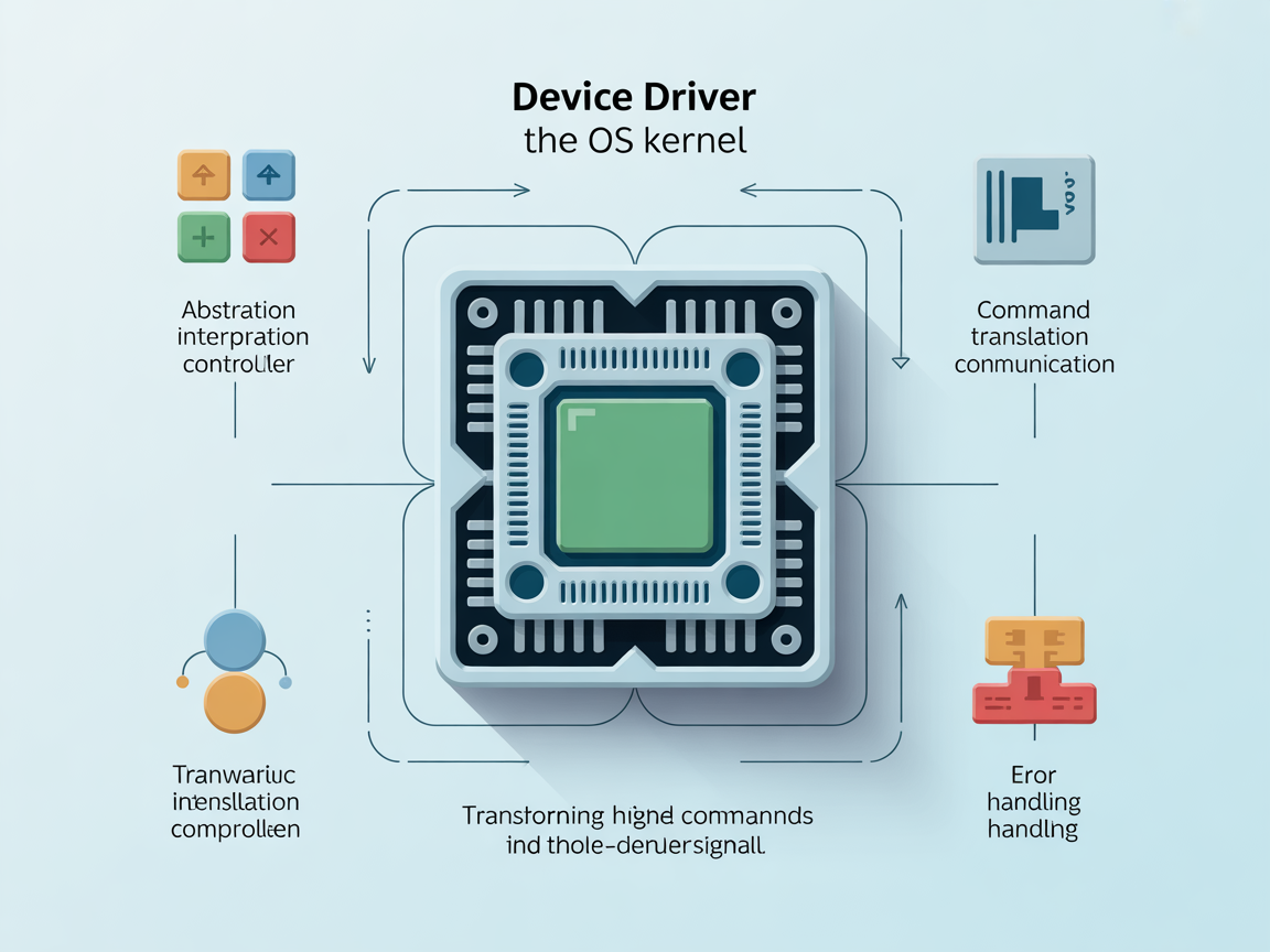 운영체제와 장치 컨트롤러 사이에서 통역사 역할을 하는 장치 드라이버를 보여주는 인포그래픽