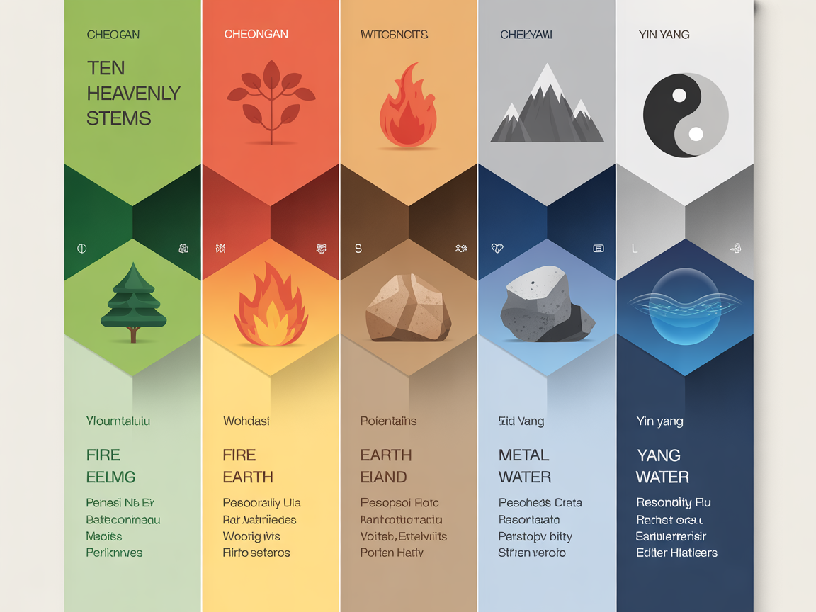 천간의 10가지 글자와 오행 및 음양 특성을 자연 이미지와 함께 설명하는 디지털 인포그래픽