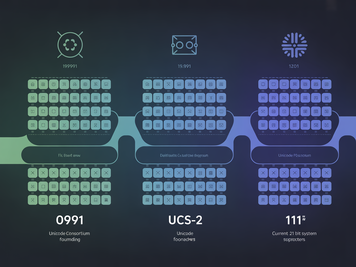 유니코드의 탄생과 발전 과정을 보여주는 타임라인 인포그래픽