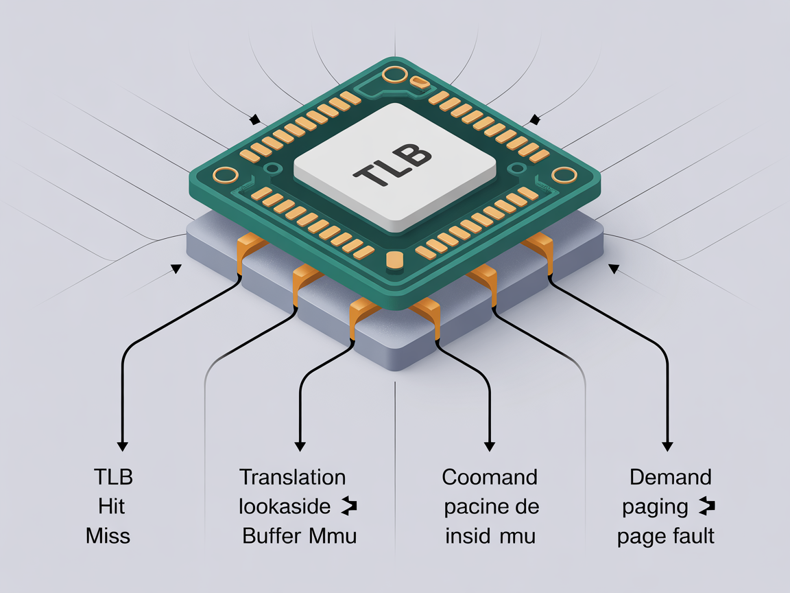 TLB 작동 원리와 요구 페이징, 페이지 폴트 과정을 단계별로 설명하는 디지털 인포그래픽