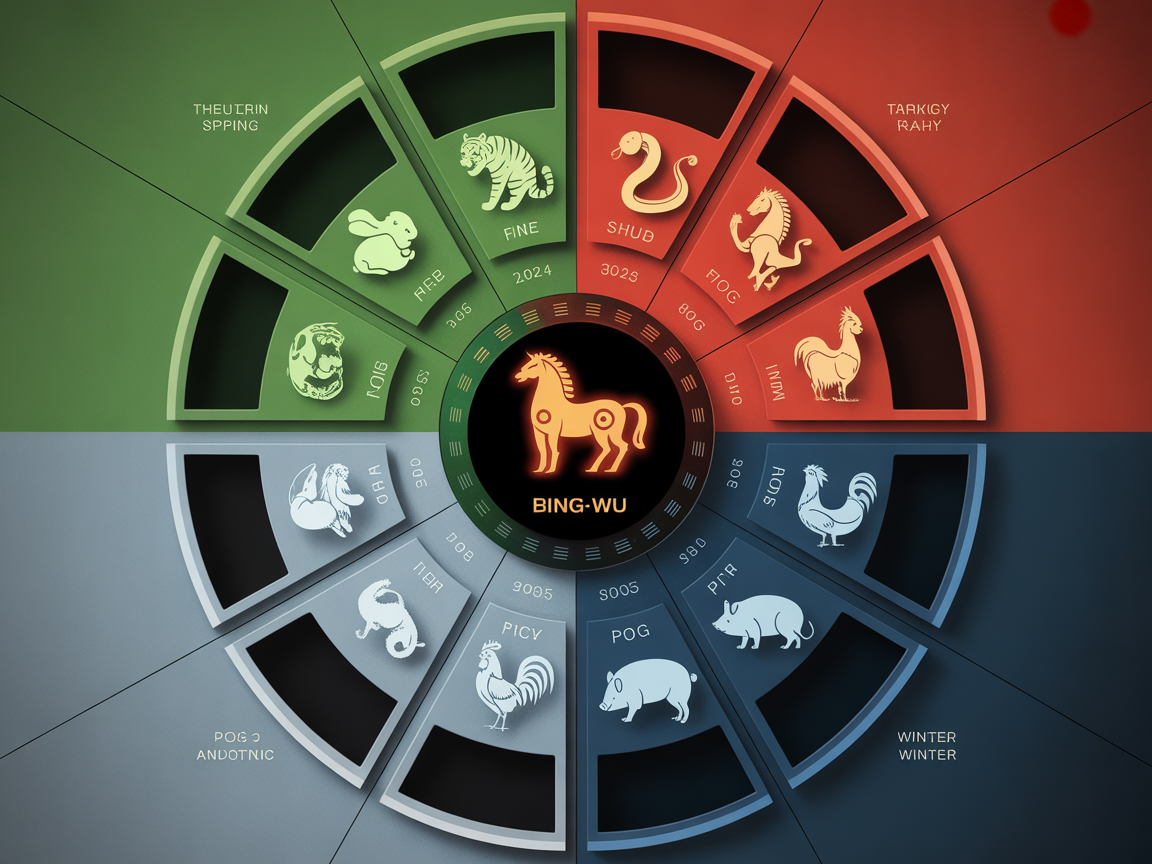12지지를 계절과 오행 색상으로 구분해 중앙의 붉은 말과 연결된 동물들의 특성을 나타낸 인포그래픽