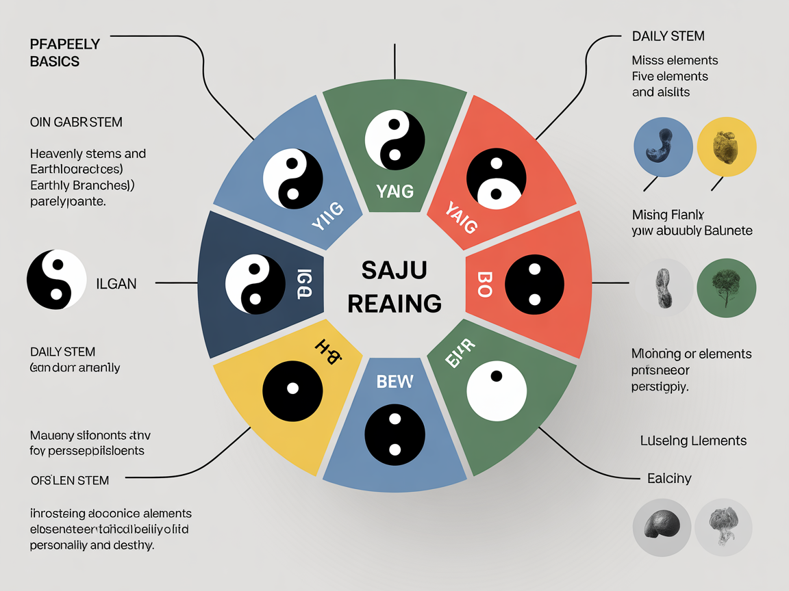 사주명리 음양오행 기초를 사주 읽기에 적용하는 방법을 보여주는 현대적인 인포그래픽 이미지