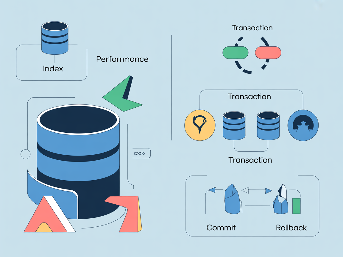 데이터베이스 성능 최적화 및 트랜잭션 개념을 시각화한 이미지