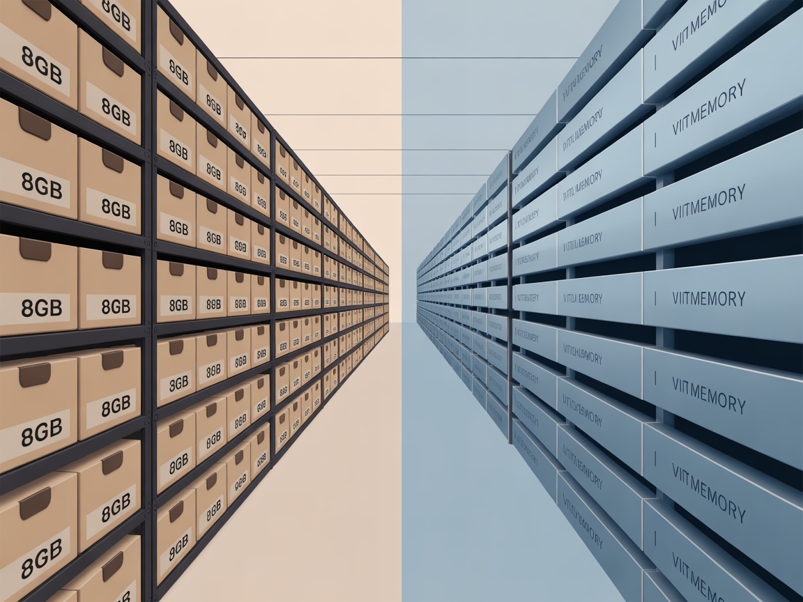 물리적 메모리 한계와 가상 메모리 공간의 대비를 보여주는 디지털 인포그래픽