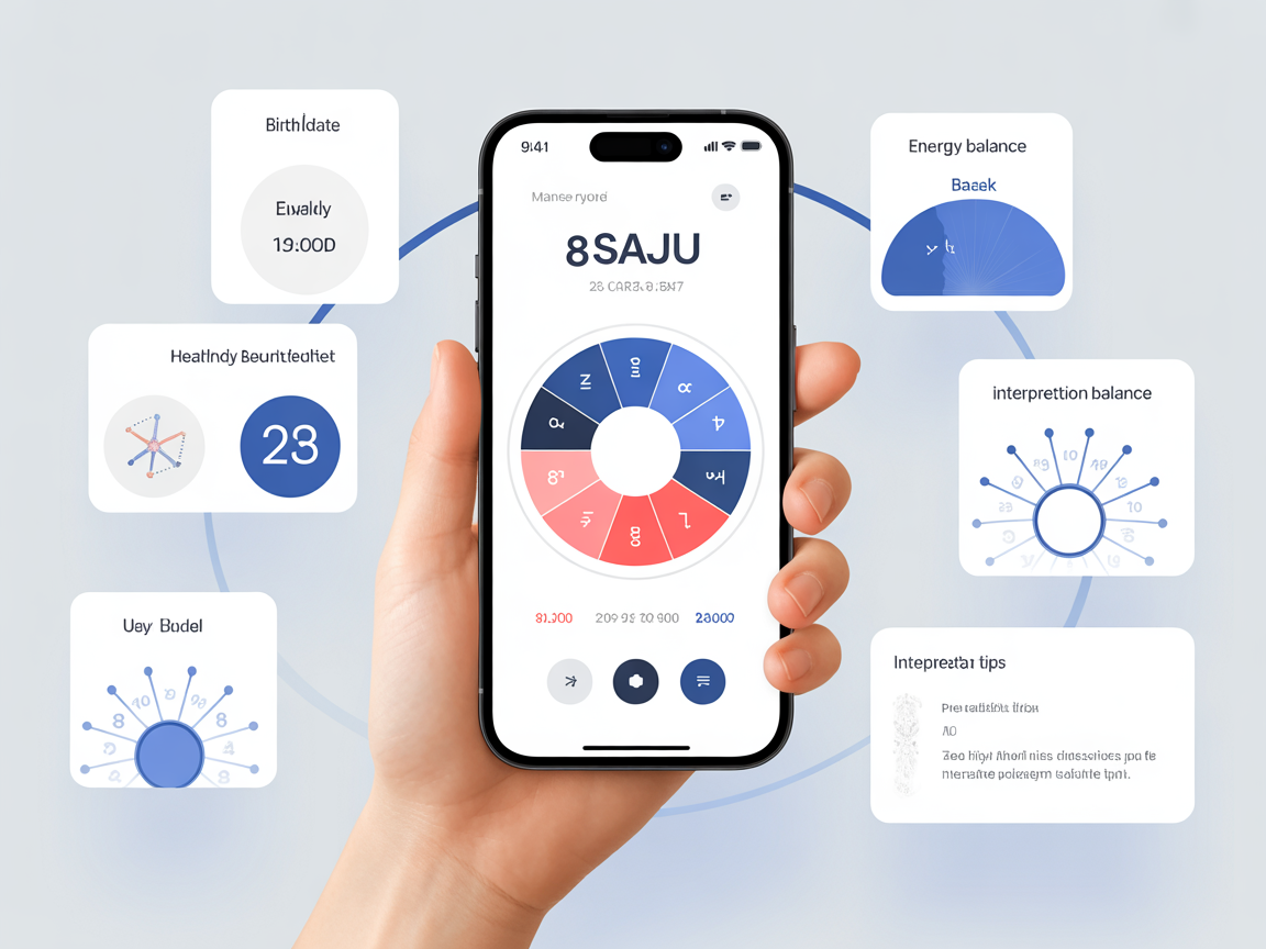 스마트폰 앱 만세력 사용법과 사주 결과 해석을 시각화한 인포그래픽