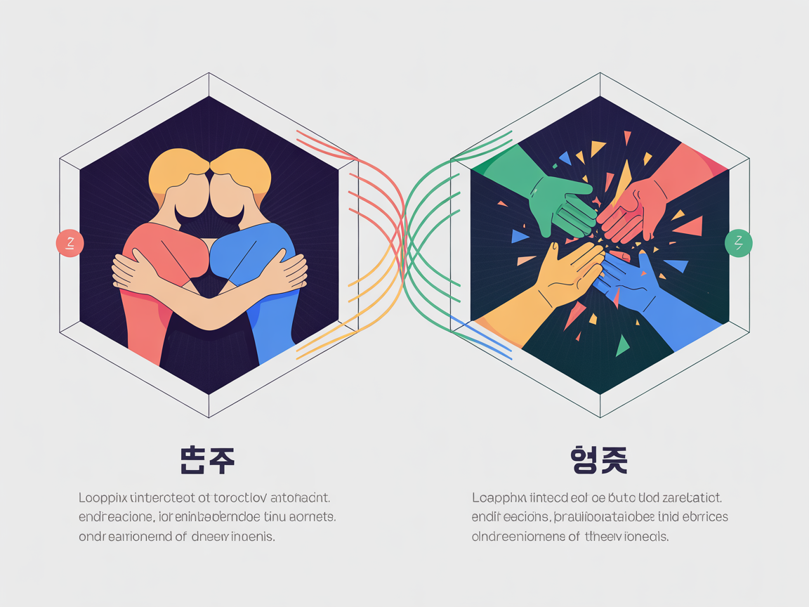 사주의 에너지 상호작용을 나타내는 현대적인 인포그래픽, 합은 끈끈한 포옹, 충은 강한 충돌과 스파크를 상징하는 이미지