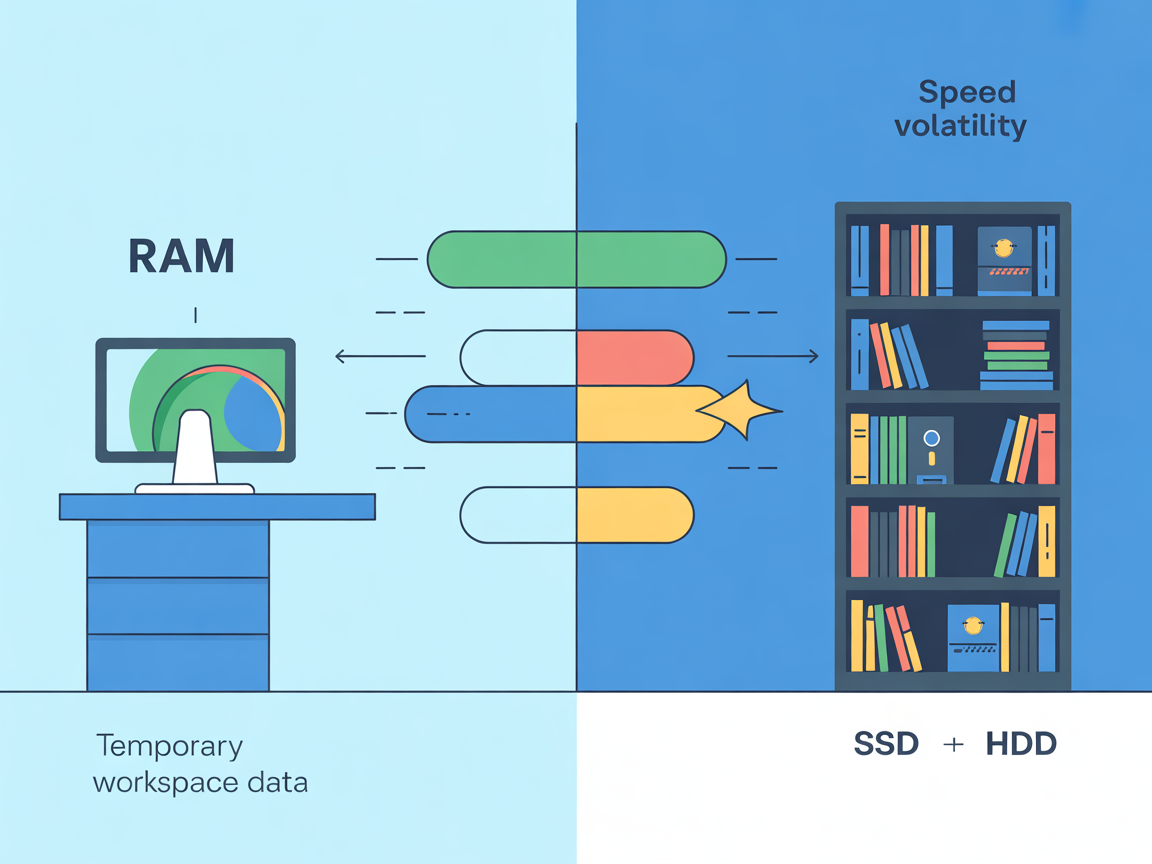 컴퓨터 RAM과 저장장치를 책상과 책장으로 비유하여 속도 차이와 휘발성 특징을 보여주는 인포그래픽