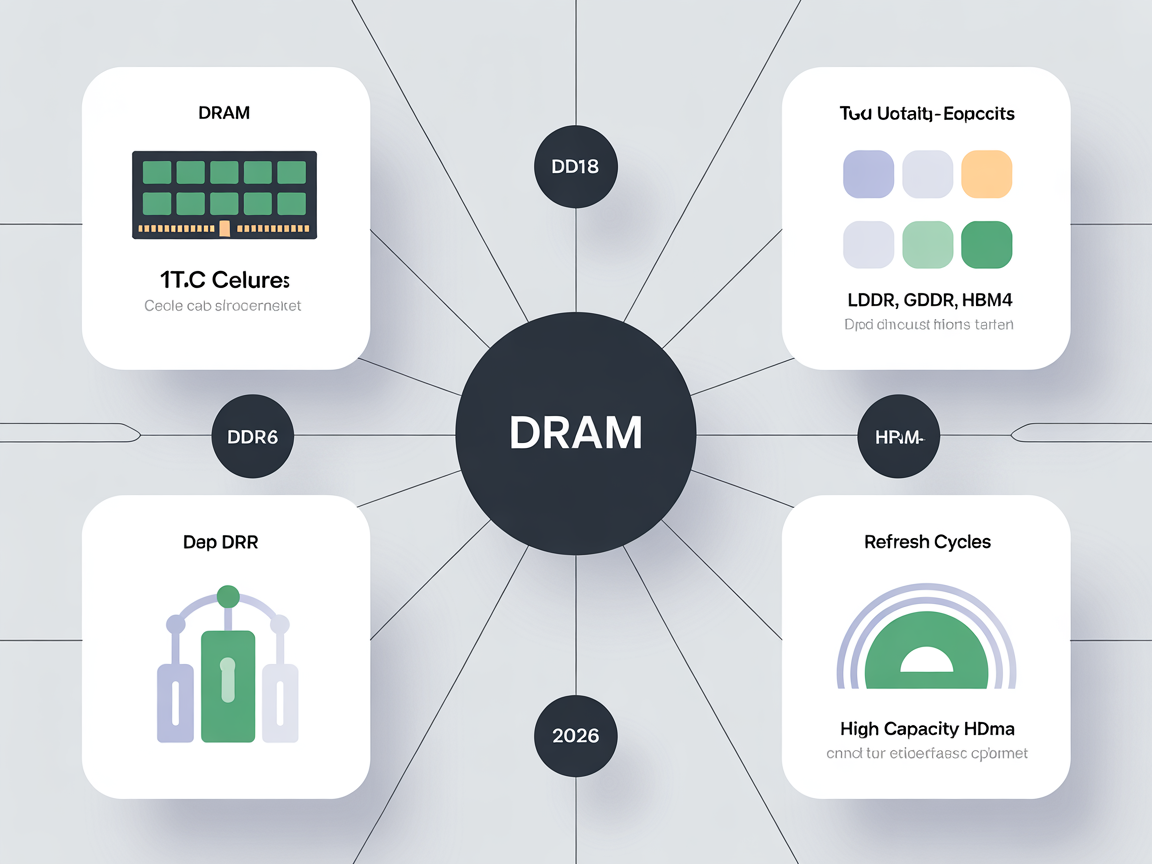 DRAM의 구조, 사용 분야(DDR6, LPDDR, GDDR, HBM4), 대용량과 리프레시 주기를 강조하는 현대적 디지털 인포그래픽