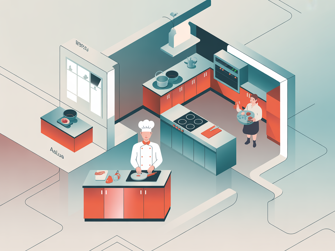 ALU 역할을 주방 비유로 표현한 현대적 디지털 인포그래픽