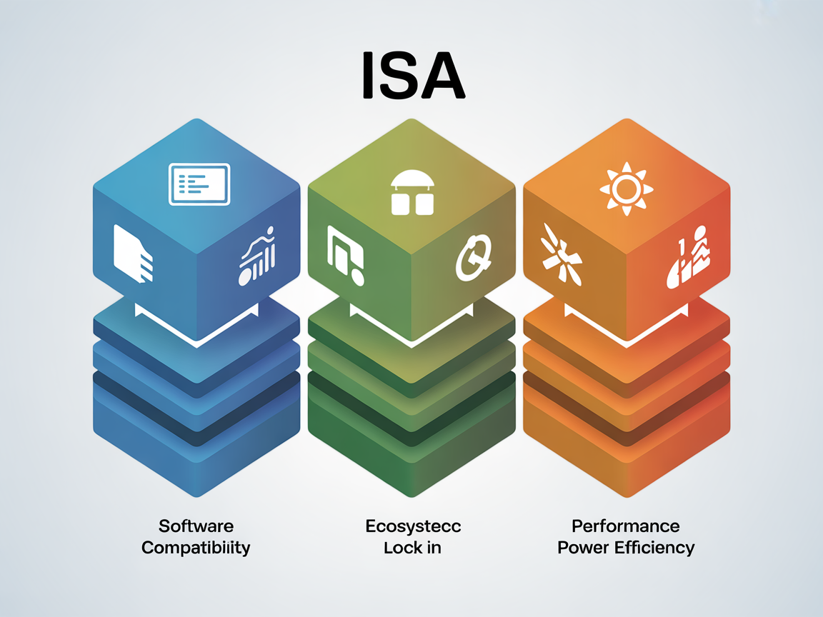 명령어 집합 구조(ISA)의 역할과 중요성을 시각적으로 설명하는 디지털 인포그래픽