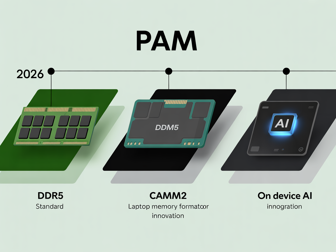 2026년 RAM 트렌드인 DDR5 표준화, CAMM2 폼팩터, 온디바이스 AI 시대를 타임라인 형식으로 나타낸 인포그래픽