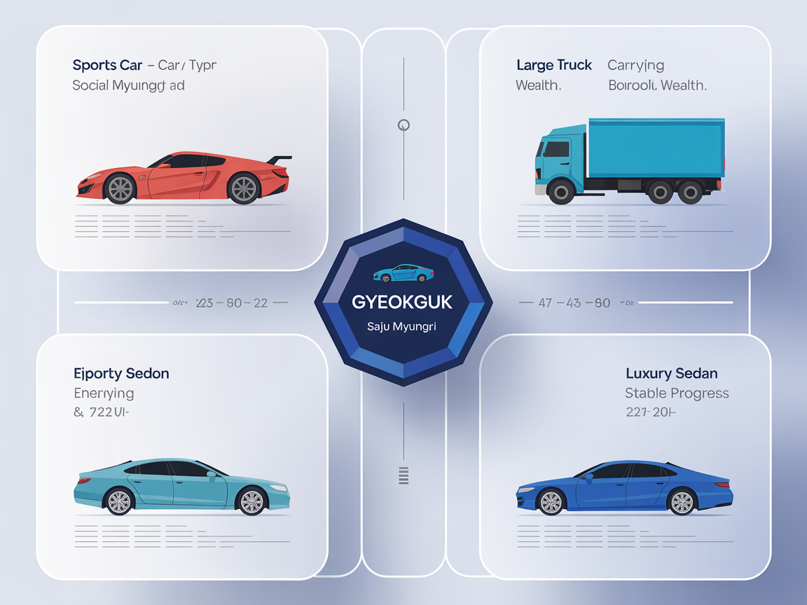 사주명리에서 격국의 개념을 자동차 차종과 사회적 명함으로 비유하여 시각화한 현대적 디지털 인포그래픽 이미지