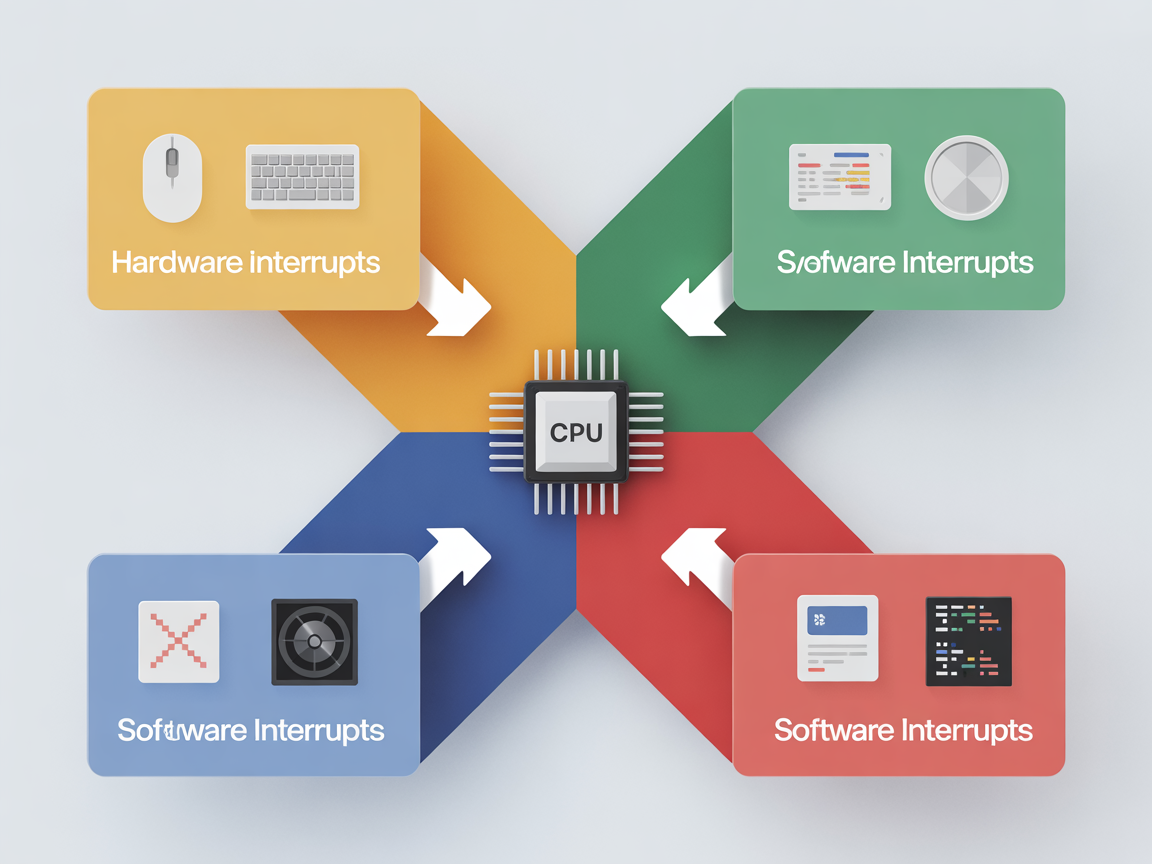 컴퓨터 시스템에서 인터럽트를 분류하는 디지털 인포그래픽, 중앙에 CPU와 하드웨어 및 소프트웨어 인터럽트 연결된 모습