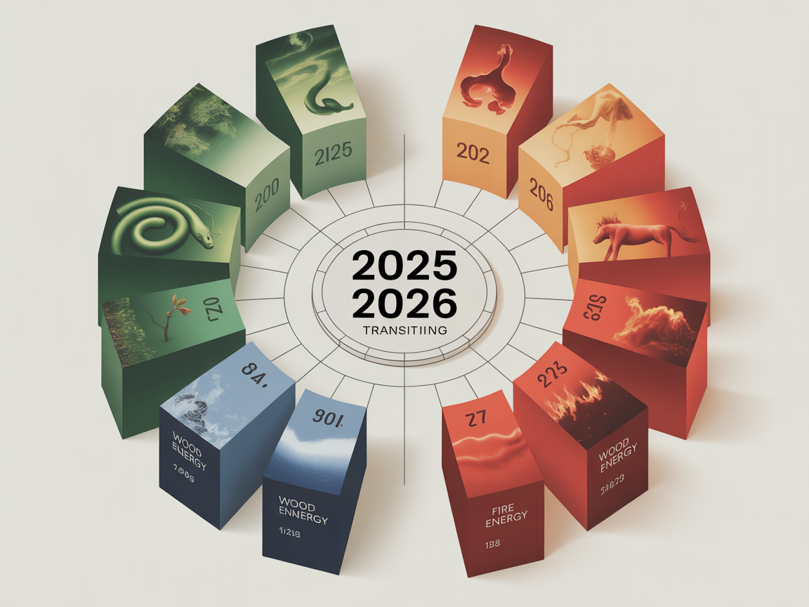 2025년 푸른 뱀의 해에서 2026년 붉은 말의 해로 넘어가는 자연의 이치를 표현하는 현대적 디지털 인포그래픽 이미지