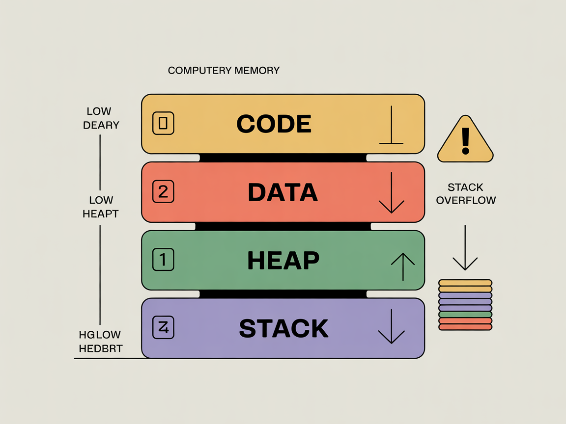 컴퓨터 메모리 구조를 네 영역(코드, 데이터, 힙, 스택)으로 나누어 보여주는 인포그래픽, 힙과 스택의 성장 방향과 충돌 가능성 강조